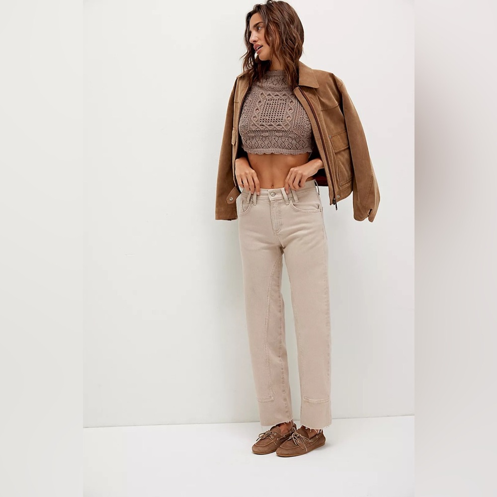 High-Rise Straight Leg Jeans in Light Beige